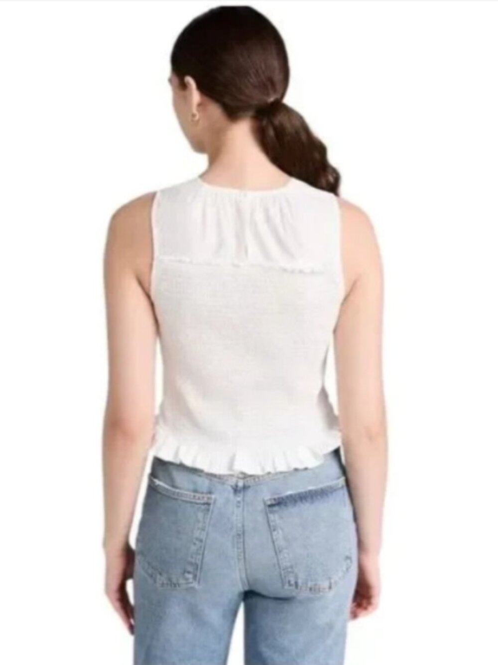 Ramy Brook XXS White All Cotton Smocked Tank Top Cropped Waist Ruffle Pullover - Picture 2 of 14